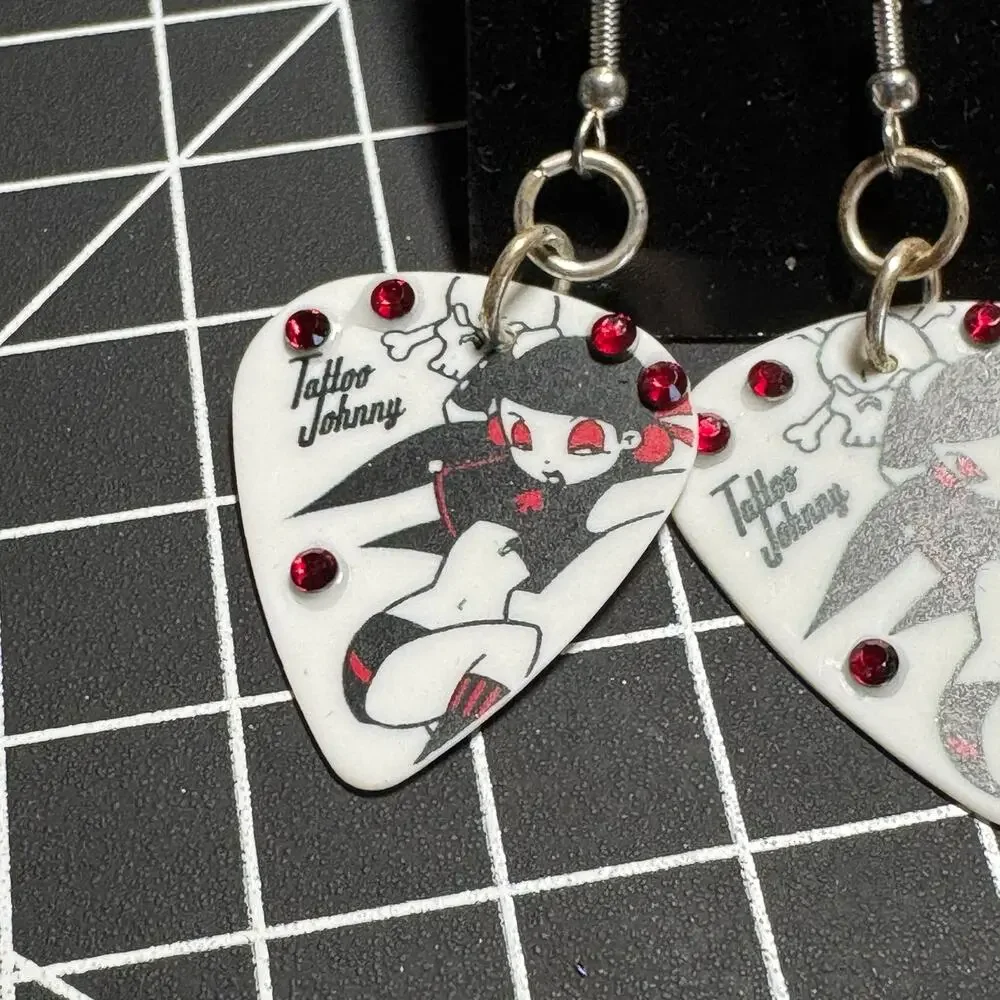 Johnny Tattoo Guitar Pick Pinup Dangle Earrings Rhinestones Rockabilly Punk 2”